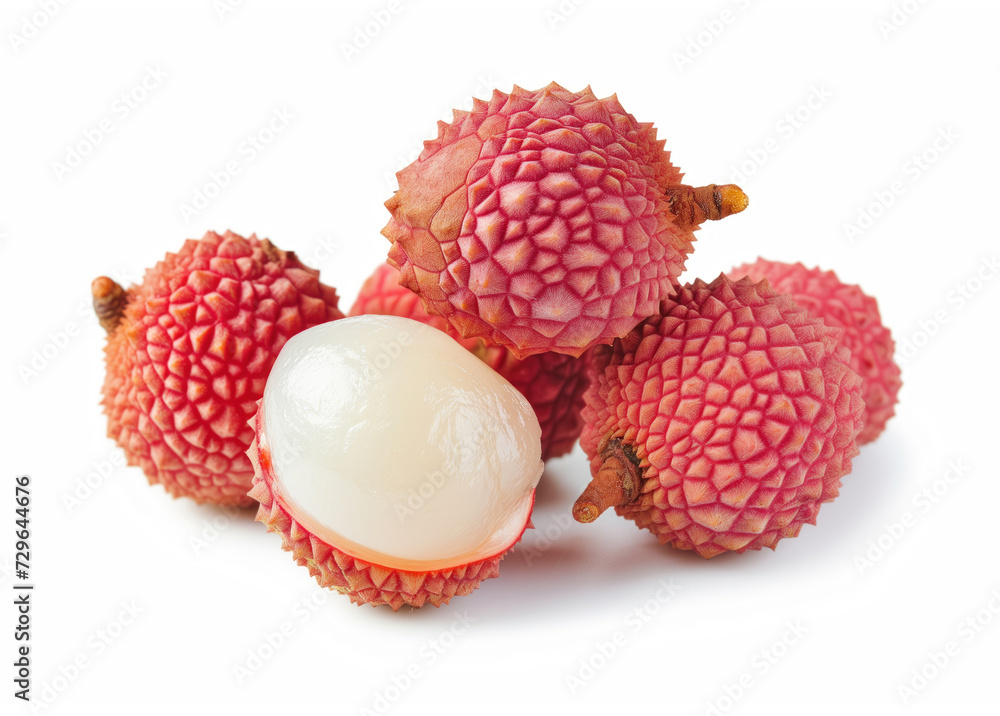 A close-up image showcasing a group of fresh, ripe lychee fruits, with one peeled revealing the juicy white flesh, isolated on a white background A close-up image showcasing a group of fresh, ripe lychee fruits, with one peeled revealing the juicy white flesh, isolated on a white background