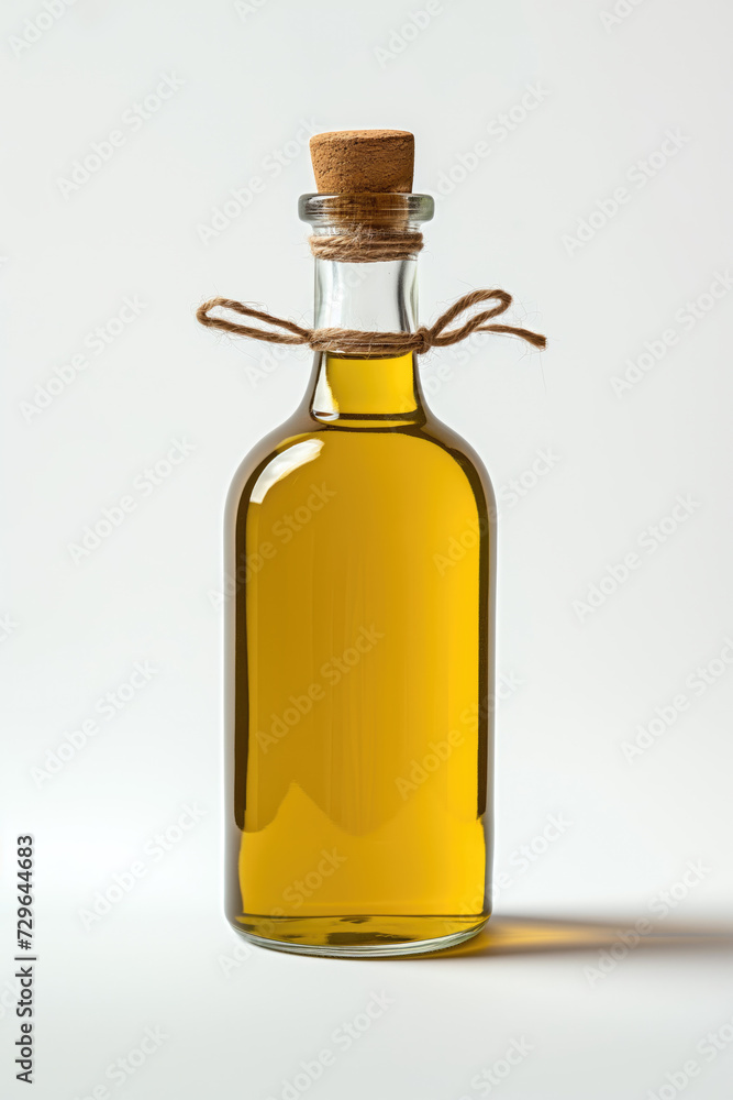 A clear bottle of golden olive oil, sealed with a cloth cap against a white background