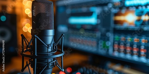 Capturing Sound: Professional Studio Microphone Set for Recording, Broadcasting, and Music Production in an Acoustically Designed Studio, Generative AI photo