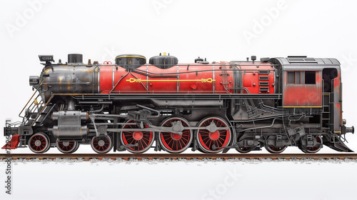 A detailed image showcasing a vintage steam locomotive, painted in red and black, highlighting the intricate design and craftsmanship.