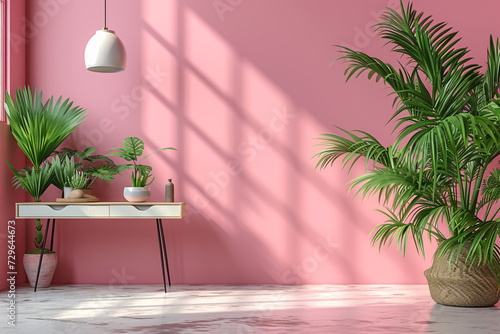 Pink Color Minimalist Scandinavian Interior Home Office Room, Home Workstation Table Chair, empty pink interior with green plant