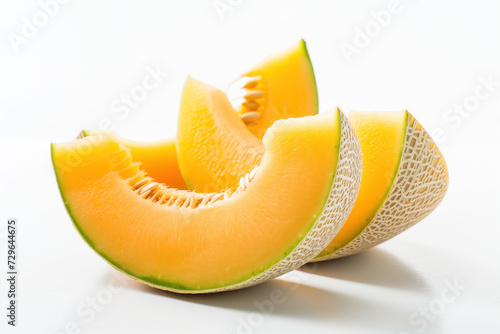 An image featuring juicy, ripe cantaloupe melon slices, beautifully arranged on a pristine white background. The natural light enhances the vibrant orange color photo