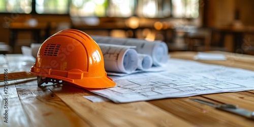 An Orange Hard Hat and Blueprints Spread on a Wooden Table at a Construction Site, Generative AI