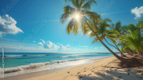 A breathtaking view of a pristine beach with azure waves gently kissing the golden sands, under the gaze of lush palm trees and a radiant sun.