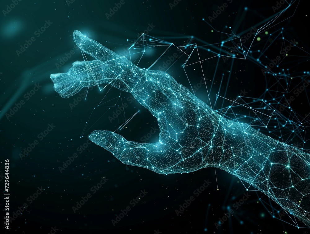 Digital hand hologram on dark background with copy space. Neural network connection. Communication with artificial intelligence Digital hand hologram on dark background with copy space. Neural network connection. Communication with artificial intelligence