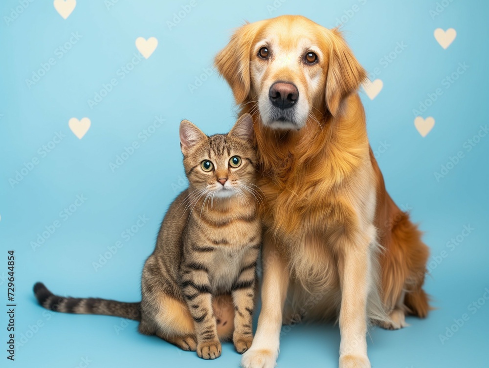 Dog and cat sitting together looking at camera. Pets posing. Friendship between dog and cat