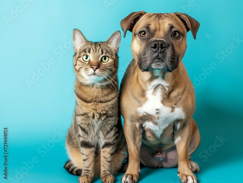 Dog and cat sitting together looking at camera. Pets posing. Friendship between dog and cat © gilles