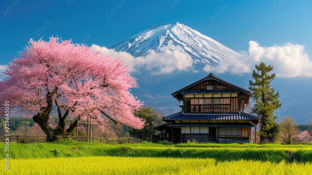 green countryside with blooming cherry blossoms with traditional Japanese village at Mount Fuji area.