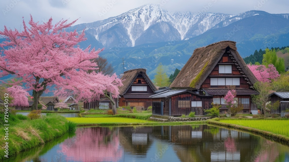 blooming pink cherry blossom trees and traditional japanese house style at countryside of Japan.