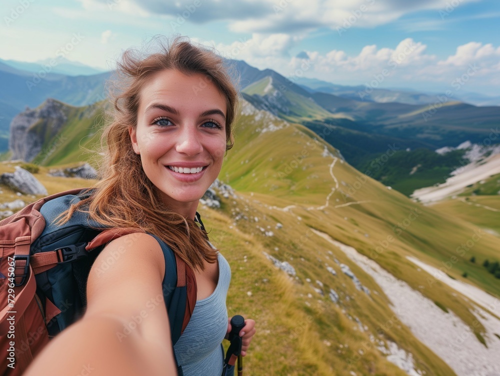 
Female traveler with backpack taking selfie against beautiful mountain landscape. Portrait of happy woman hiking in mountains. Travel blogger takes down content