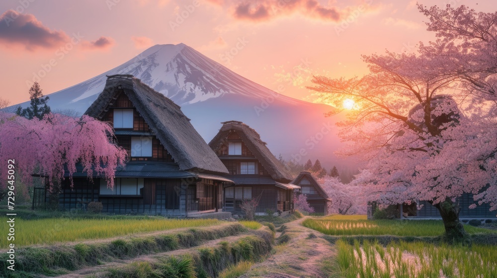 green countryside with blooming cherry blossoms with traditional Japanese village at Mount Fuji area.