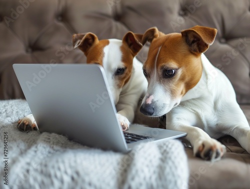 Funny cute dogs lying on the sofa at home and using the laptop, pets and technology concept © gilles
