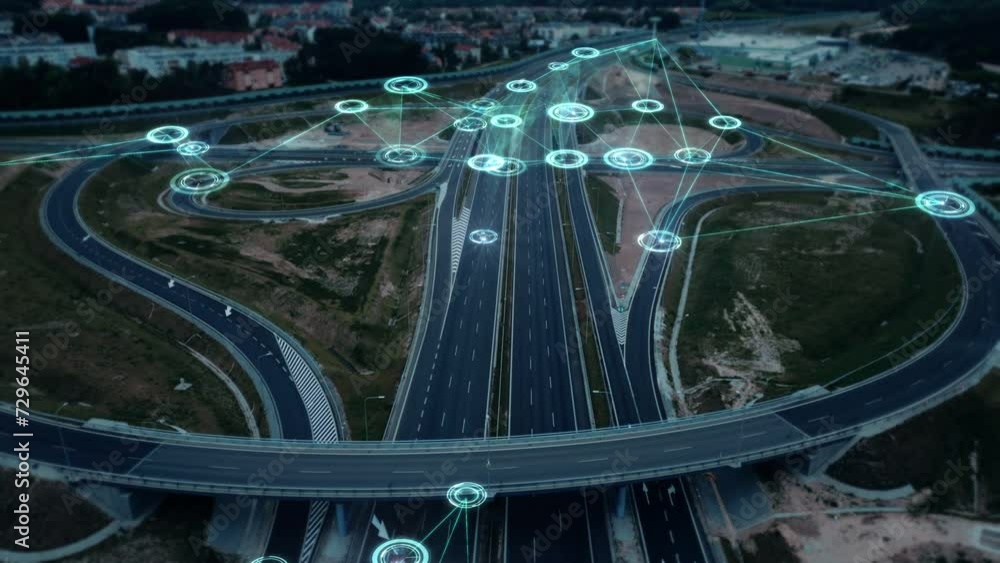 Deep learning, smart driving. Driverless cars controlled by artificial intelligence, HUD. Driving assistance system, road scanning, transport of the future. Smart transportation concept, aerial view. 