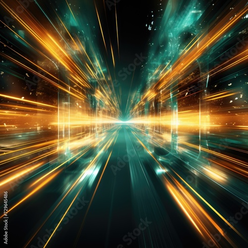 Futuristic speed motion with green and yellow rays of light abstract background