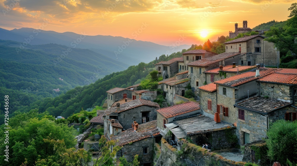  the sun is setting over a small village on the side of a mountain with a view of a valley and mountains in the distance with a few buildings on the hillside.