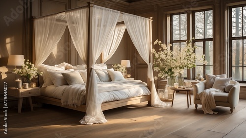 Opt for a four-poster bed with sheer curtains, creating a light and airy sleeping haven