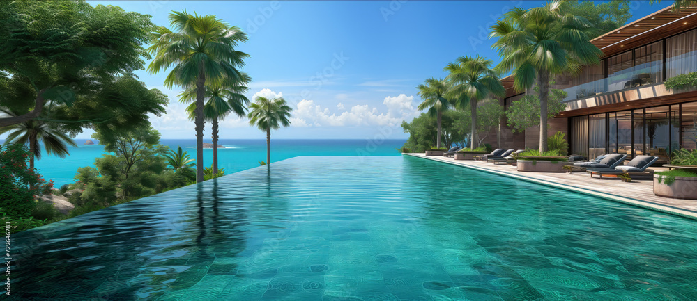 Swimming pool next to palm trees and tropical trees