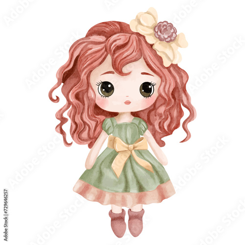 Watercolor doll illustration. Watercolor toys. Cute hand drawn doll