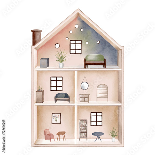 Watercolor doll house with three storeys, little furniture. Watercolor toys. Pastel colored puppet