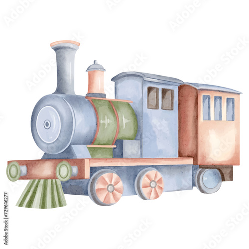 Watercolor locomotive. Illustration of a cute toy train.  Watercolor toys. Pastel colored train