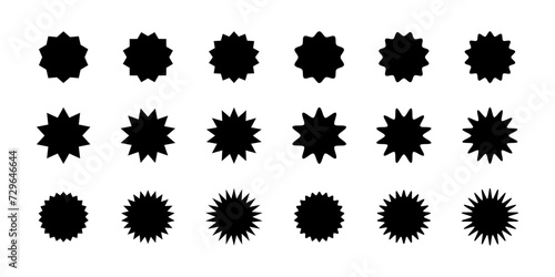 Round badges, stamps, labels, tags with zigzag and wavy edges. Sun, sunburst, sunlight, sunshine icons. Set of discount, sale, promocode stickers isolated on white background. Vector flat illustration