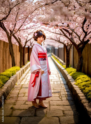 Woman in kimono standing under tree filled with pink flowers.