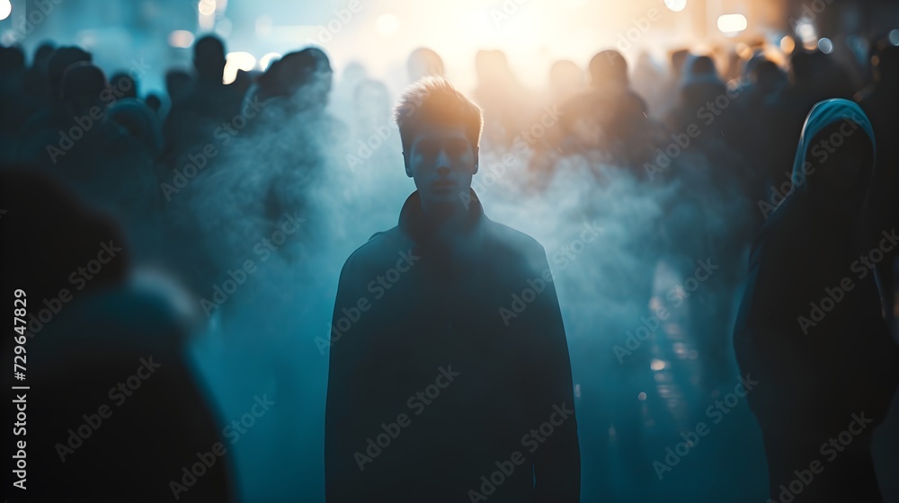 Invisible Amongst Many: Person with Transparent Silhouette in Ultra-Realistic 8K | Captured with Smartphone Macro Lens, Portraying Feelings of Invisibility and Alienation in a Crowd - obrazy, fototapety, plakaty 