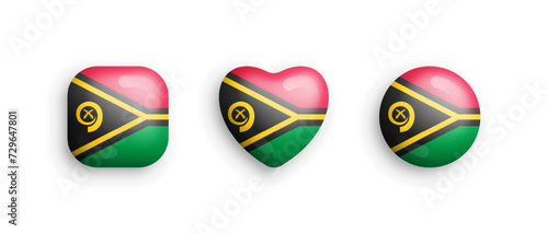 Vanuatu Official National Flag 3D Vector Glossy Icons In Rounded Square, Heart And Circle Shape Isolate On White Background. Sign And Symbols Graphic Design Elements Volumetric Buttons Collection