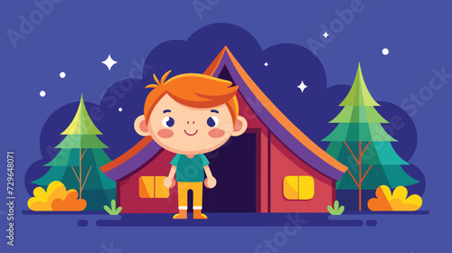Cheerful Child Camping at Night in a Forest Clearing