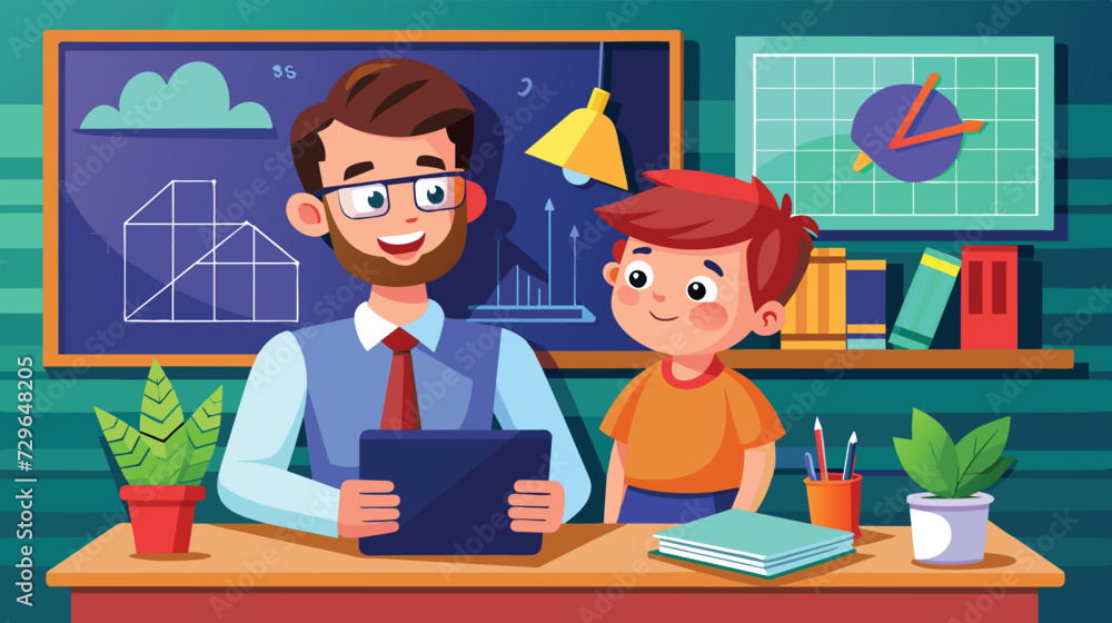 Cheerful Teacher and Student With Tablet in Classroom Cheerful Teacher and Student With Tablet in Classroom