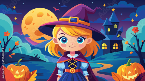 Charming Young Witch Standing Before a Haunted Castle on Halloween Night