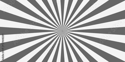Grey radial stripes background. Sunburst, starburst, sunshine, sunlight pattern. Circus vintage texture. Comic surprise, speed, boom, flash or explosion effect. Pop art banner. Vector illustration