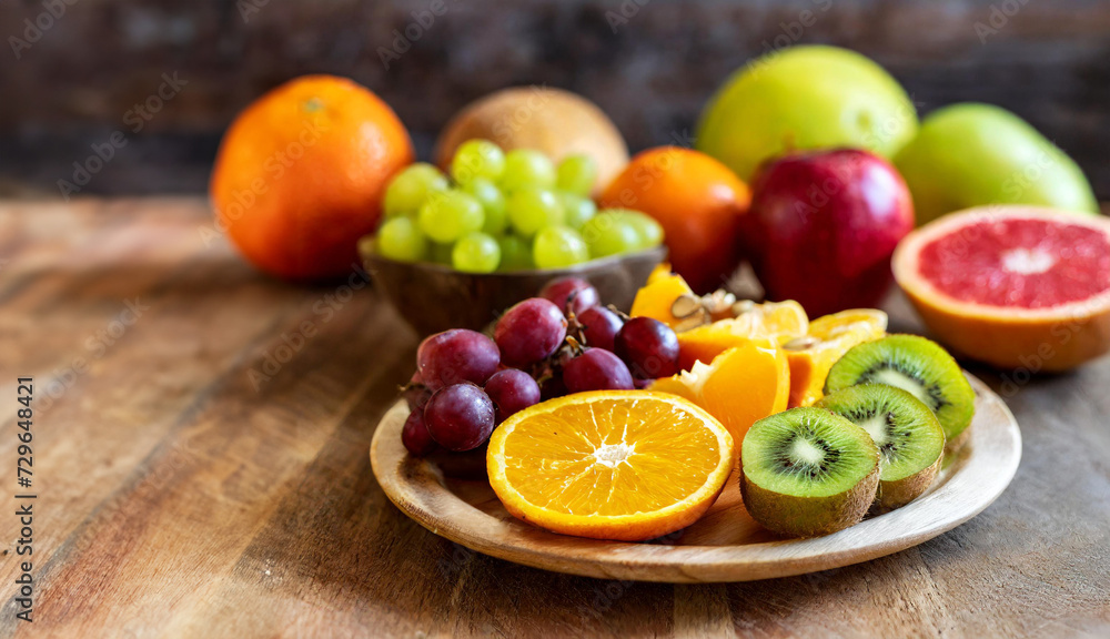 Sliced fresh fruits on wooden serving board Sliced fresh fruits on wooden serving board