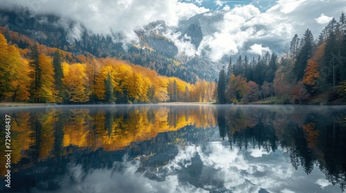  a body of water surrounded by trees with yellow and red leaves on the trees in the foreground and a mountain in the background with clouds in the foreground.