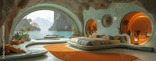 Bedroom design with sci-fi dystopia style furniture, rounded shapes