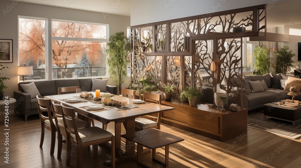 Utilize a room divider to create separate zones for living, dining, and working in an open floor plan