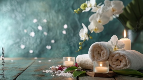  a couple of candles sitting on top of a wooden table next to a bunch of white orchids and two white towels on top of a wooden table with flowers.
