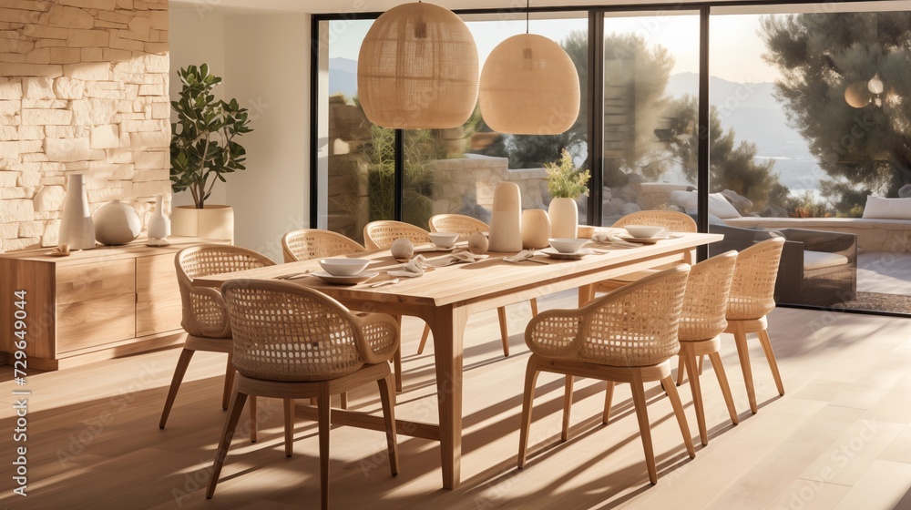 Utilize light wood dining chairs with woven rattan elements for a natural and airy aesthetic