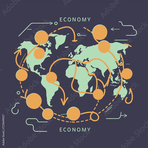 2d vector illustration colorful trading over the world map money bitcoin crypto 
