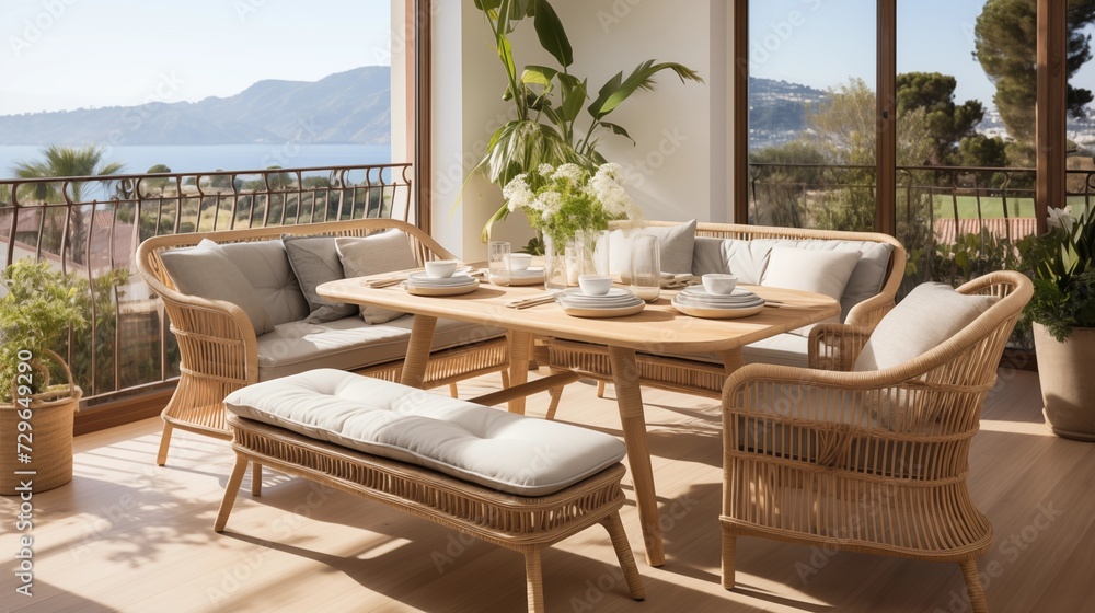 Fototapeta premium Utilize natural rattan dining chairs with plush, light-colored cushions for a comfortable and trendy take on natural materials