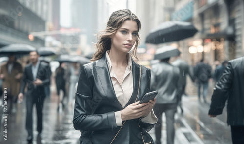 A business woman on a street at a rainy day, works with her mobile. AI generated.