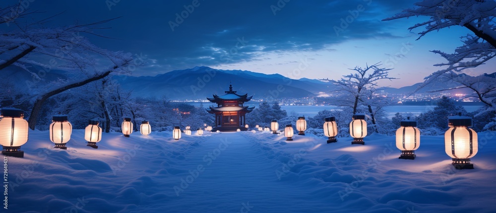 Fototapeta premium Enchanting Serenity: A Mesmerizing Snow-Covered Path Illuminated by Lanterns