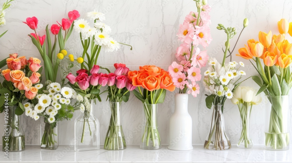  a row of vases filled with different colored flowers on a marble wall behind a row of vases filled with different colored flowers on a marble wall behind a row of vases.