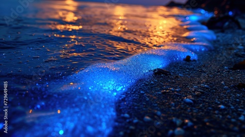  a close up of a wave on the shore of a body of water at night with lights reflecting off of the water and a person sitting on the shore of the water.