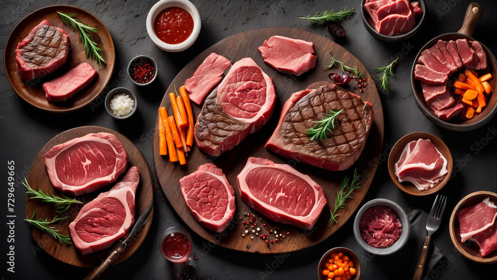 Sumptuous Symphony: A Captivating Culinary Canvas of Prime Beef Steaks and Luscious Raw Cuts on a Rustic, Dark Table Sumptuous Symphony: A Captivating Culinary Canvas of Prime Beef Steaks and Luscious Raw Cuts on a Rustic, Dark Table