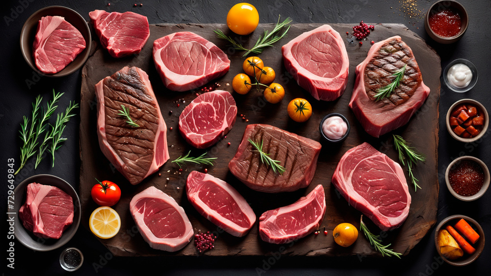Sumptuous Symphony: A Captivating Culinary Canvas of Prime Beef Steaks and Luscious Raw Cuts on a Rustic, Dark Table Sumptuous Symphony: A Captivating Culinary Canvas of Prime Beef Steaks and Luscious Raw Cuts on a Rustic, Dark Table