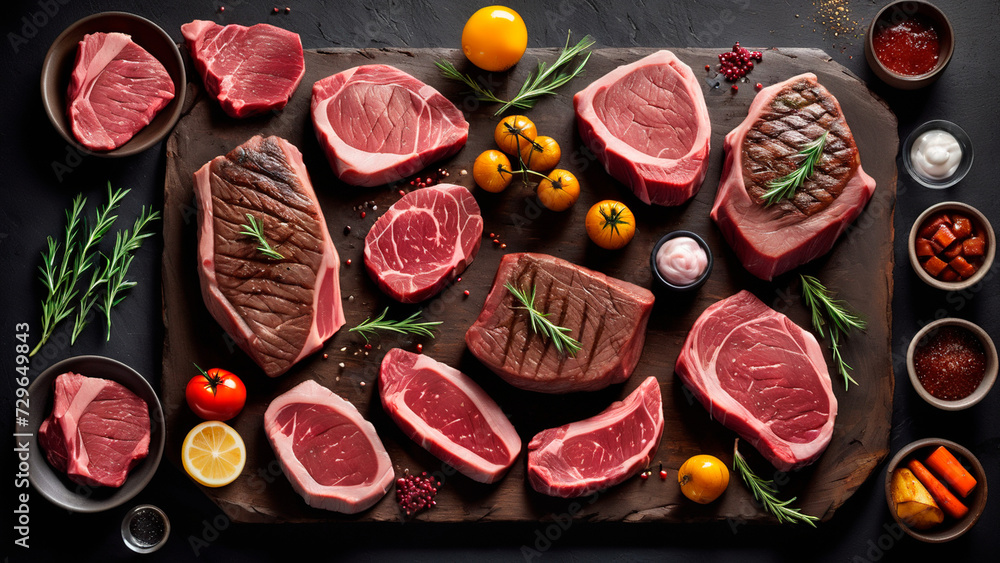 Sumptuous Symphony: A Captivating Culinary Canvas of Prime Beef Steaks and Luscious Raw Cuts on a Rustic, Dark Table