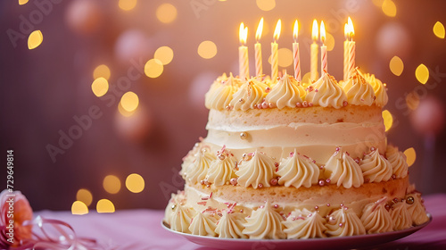 white two-tier cake with candles with copyspace, for a birthday on a light background and bokeh with space for text