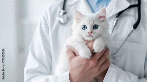 banner for veterinarian's day, a veterinarian in a white coat holds a white cat with blue eyes in his arms, with space for text