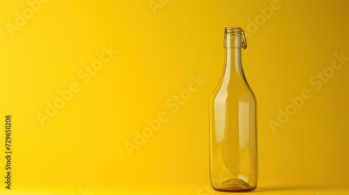  a empty glass bottle sitting on top of a yellow table next to a bottle of wine on top of a white table with a yellow wall behind it and a yellow background.